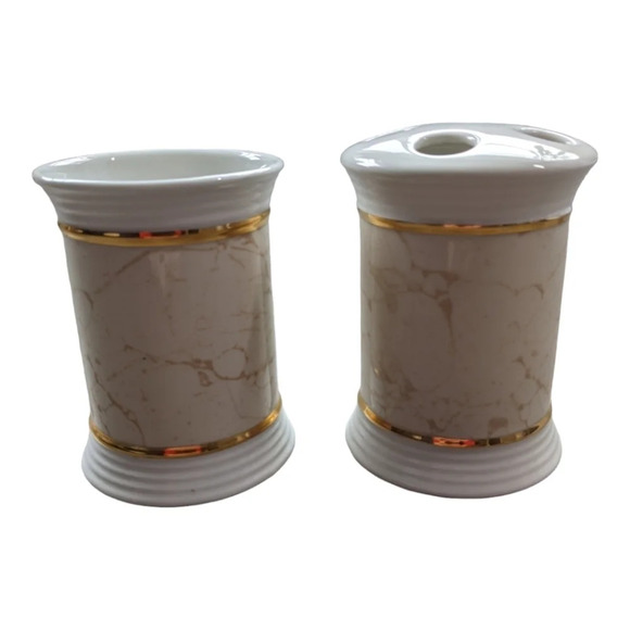 Allure Vintage Set of Toothbrush Holder & Cup  Ceramic Aphrodite-Beige Metallic - Picture 1 of 5